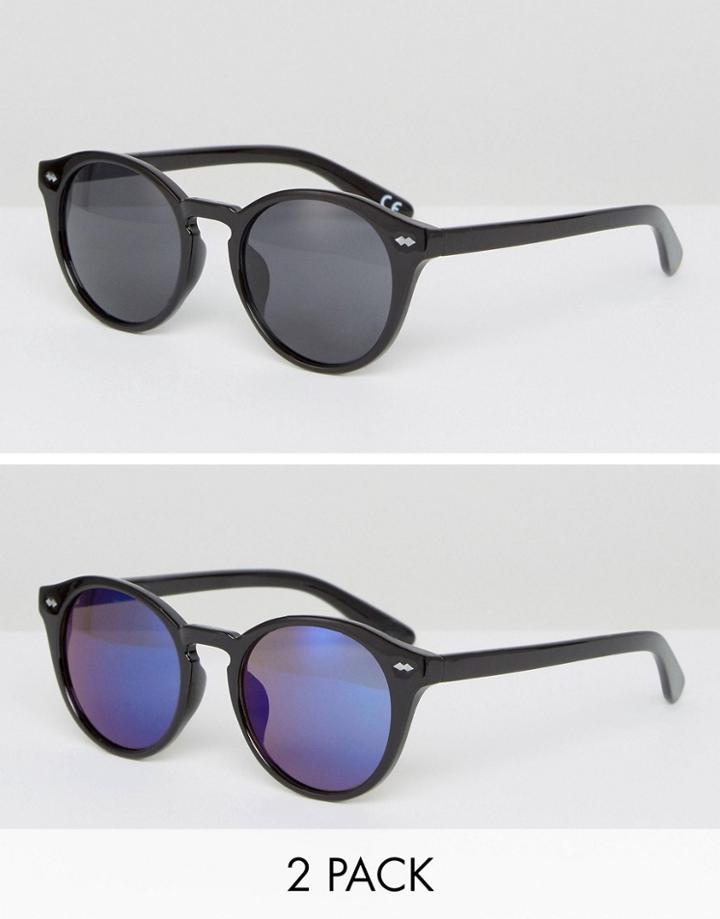 Asos Round Sunglasses 2 Pack In Black And Mirror Save - Black