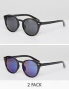 Asos Round Sunglasses 2 Pack In Black And Mirror Save - Black