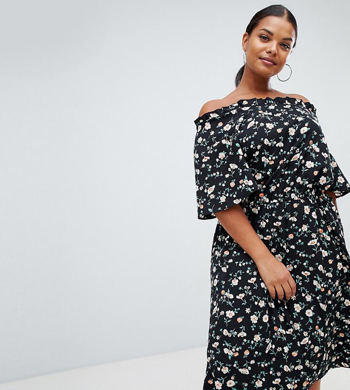 Boohoo Plus Bardot Tiered Chiffon Midi Dress In Floral - Multi