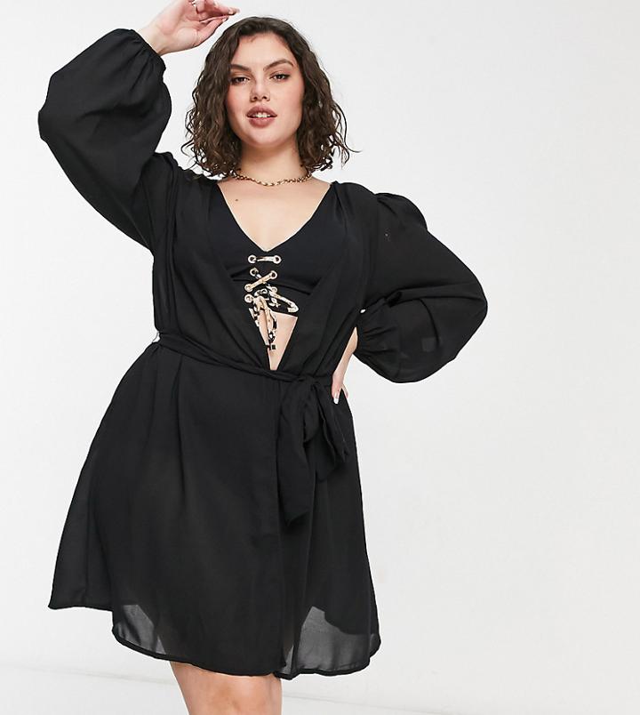 Asos Design Curve Chiffon Belted Beach Kimono In Black