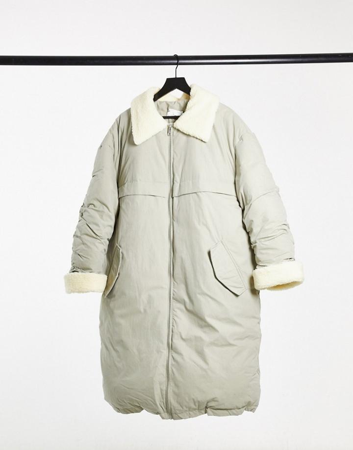 Asos Design Sherpa Collared Parka In Gray-grey
