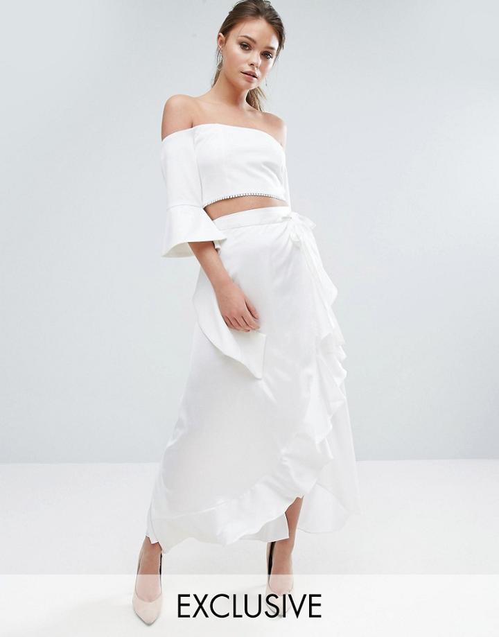 Dark Pink Ruffle Wrap Satin Skirt - White