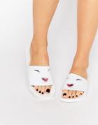 Thewhitebrand Cute Kitty Flat Slider Sandals - White