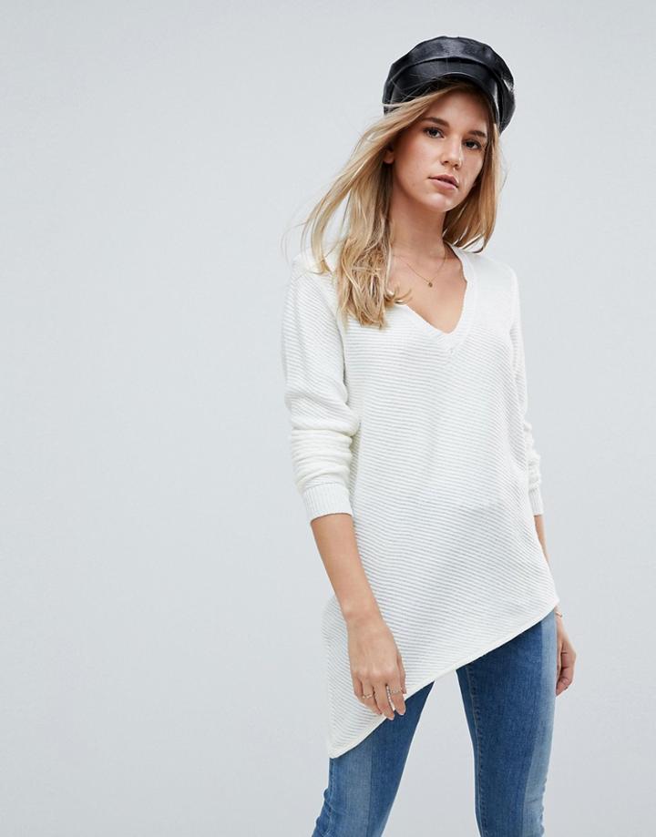 First & I Asymmetric V Neck Sweater - Cream