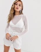 Asos Design White Mesh Top With Iridescent Crystal Studs