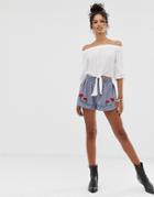 En Cr Me Shorts With Floral Embroidery-blue