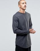 Asos Relaxed Longline Long Sleeve T-shirt With Curve Hem In Charcoal - Charcoal