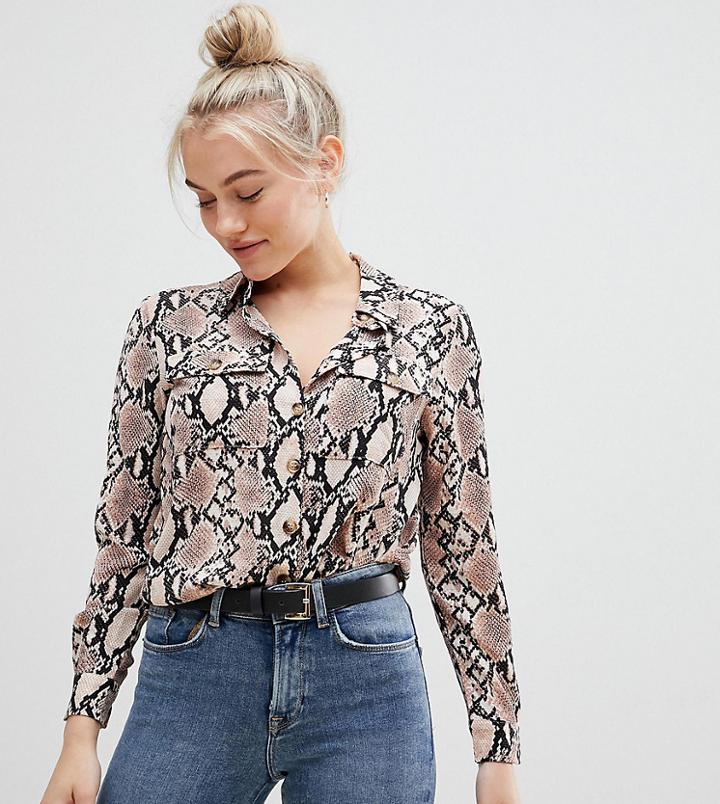 New Look Petite Pocket Detail Shirt In Snake - Pink