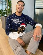 Asos Design Knitted Christmas Sweater With Dachshund Design-navy
