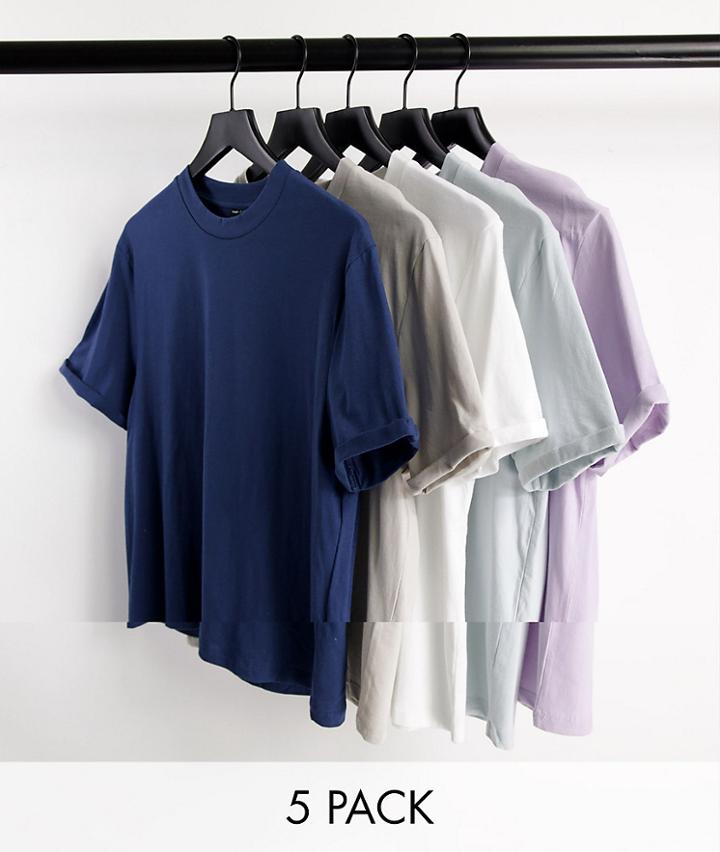 Asos Design 5 Pack T-shirt With Roll Sleeve-multi