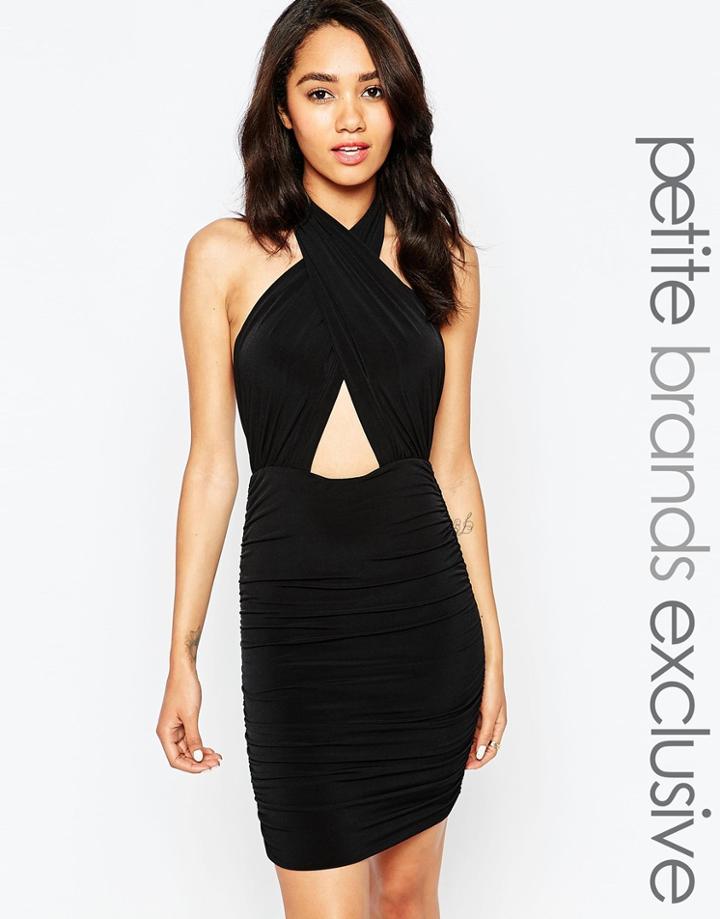 John Zack Petite Plunge Wrap Front Halter Neck Dress - Black