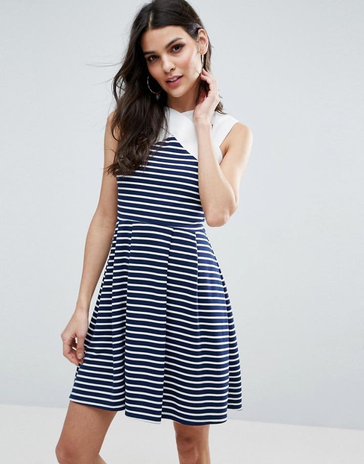 Asos Stripe Mini Skater Dress With Contrast Neck Detail - Multi