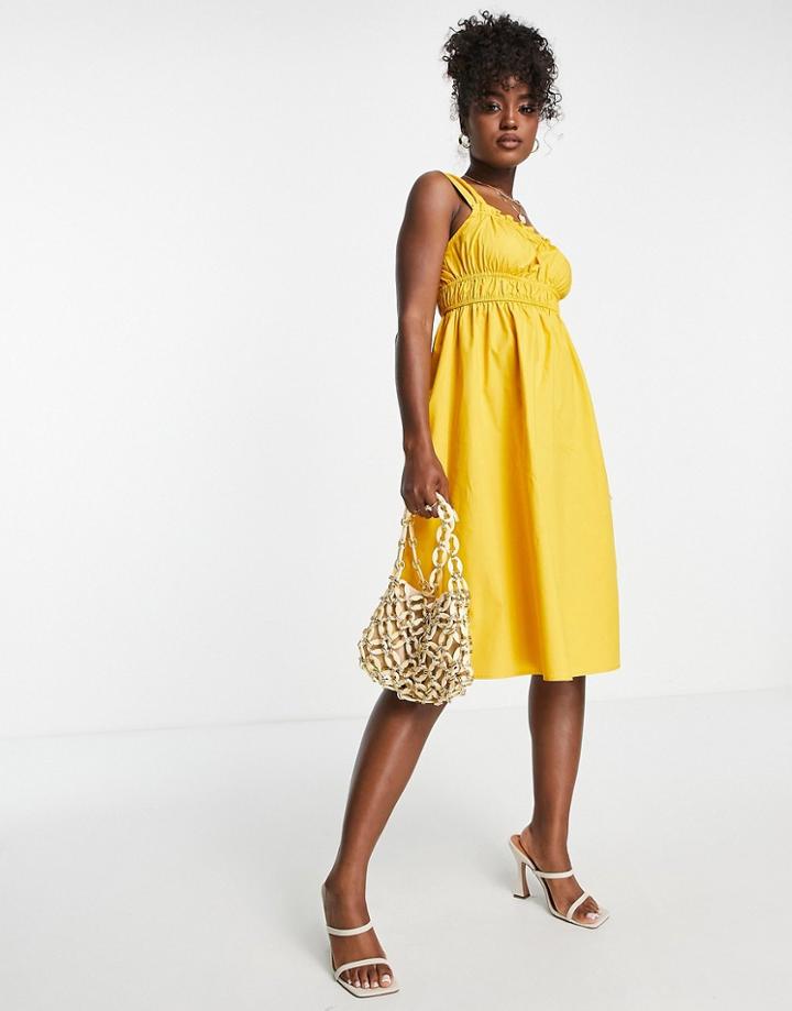 Urban Revivo Ruched Bodice Midi Dress In Yellow-orange