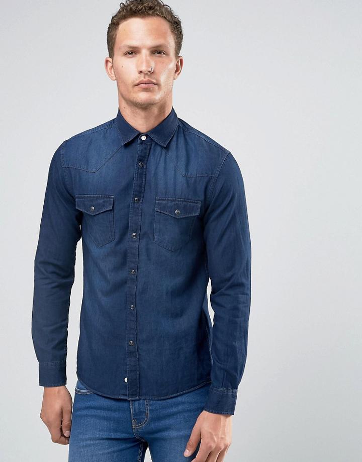 Celio Long Sleeve Slim Fit Denim Shirt - Blue
