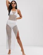 Asos Design Metallic Jersey Fishnet Bodycon Beach Maxi Dress With Rouloux Strap - White