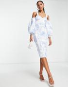 Asos Design Lace Trim Volume Sleeve Midi Dress In Toile De Jouy Print-multi