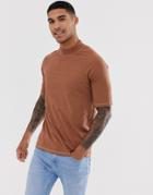 Asos Design Raglan T-shirt With Turtleneck And Contrast Stitching In Brown - Brown