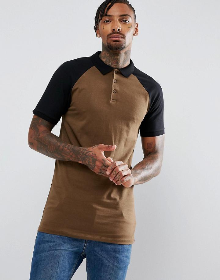 Asos Longline Muscle Fit Polo Shirt With Contrast Raglan - Black