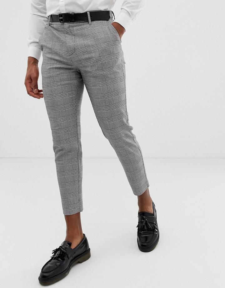 Bershka Check Pants In Gray With Cropped Leg - Black
