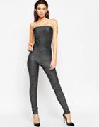 Asos Night Bandeau Catsuit In Metallic Texture - Silver