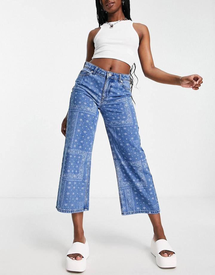 Only Sonny Cropped Wide Leg Jeans In Bandana Print-blue