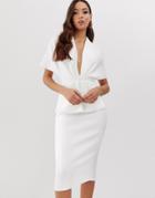 Asos Design Structured Plunge Kimono Midi Dress With Peplum - White