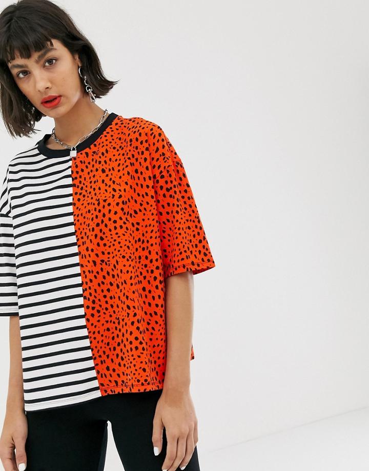 Noisy May Stripe Spot Mixed Print Oversized Tee - Multi