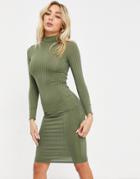 Flounce London Basic Ribbed Rollneck Long Sleeve Dress In Khaki-green