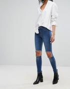 Dr Denim Mid Rise Superskinny Jeans With Knee Cut Out - Blue
