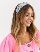 Asos Design Twist Headband With Pink Floral Print In Blue-multi