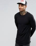 Asos Longline Muscle Long Sleeve T-shirt With Zips And Curve Hem In Black - Black