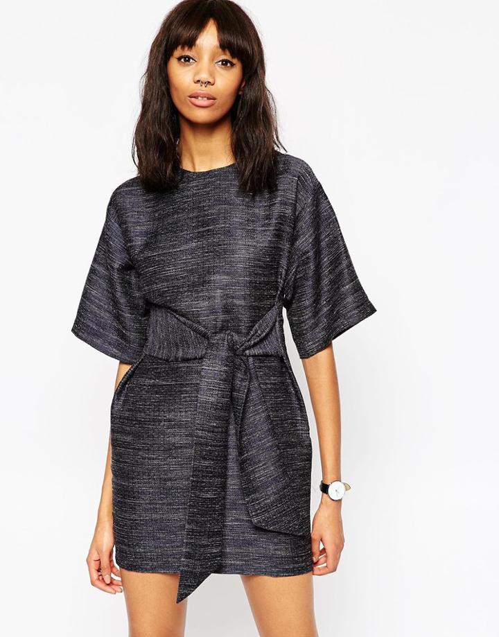 Asos Tie Front Dress In Natural Fibre - Blue