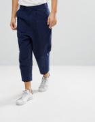 Asos Drop Crotch Tapered Smart Pants In Navy Textured Linen Blend - Navy