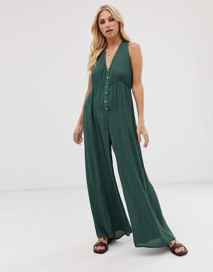 Vero Moda Crinkle Button Front Jumpsuit-green