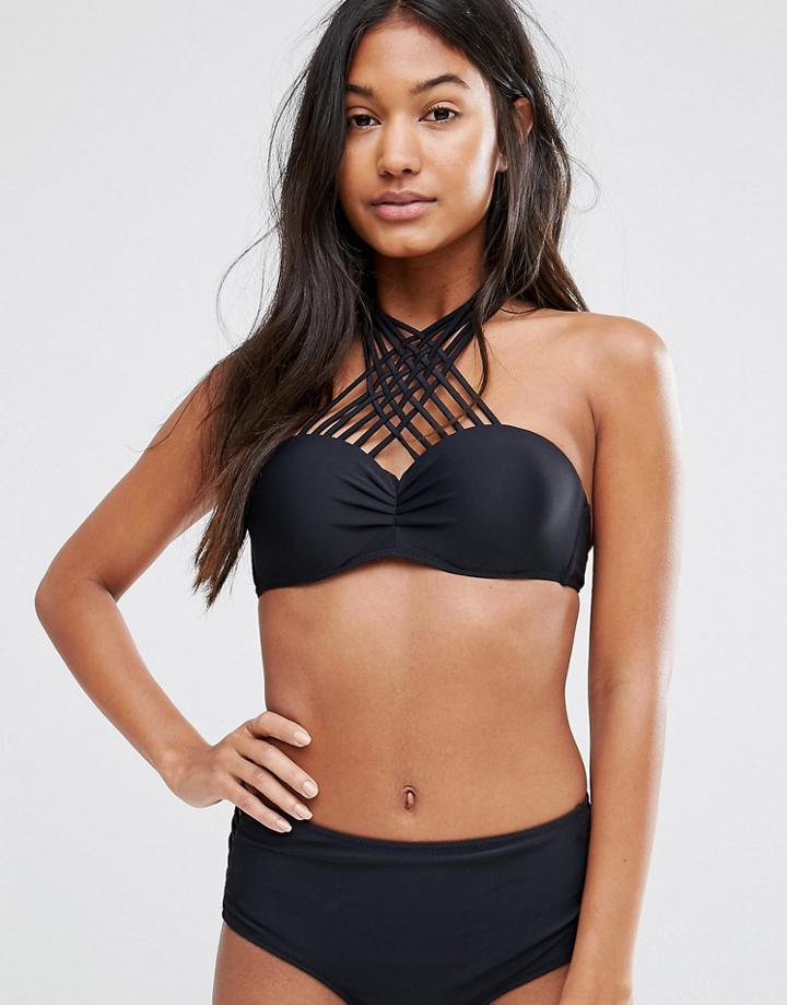 Missguided Strappy Cross Front Halter Bikini Top - Black