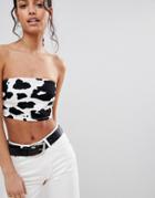 Asos Design Denim Crop Top In Cow Print - Multi