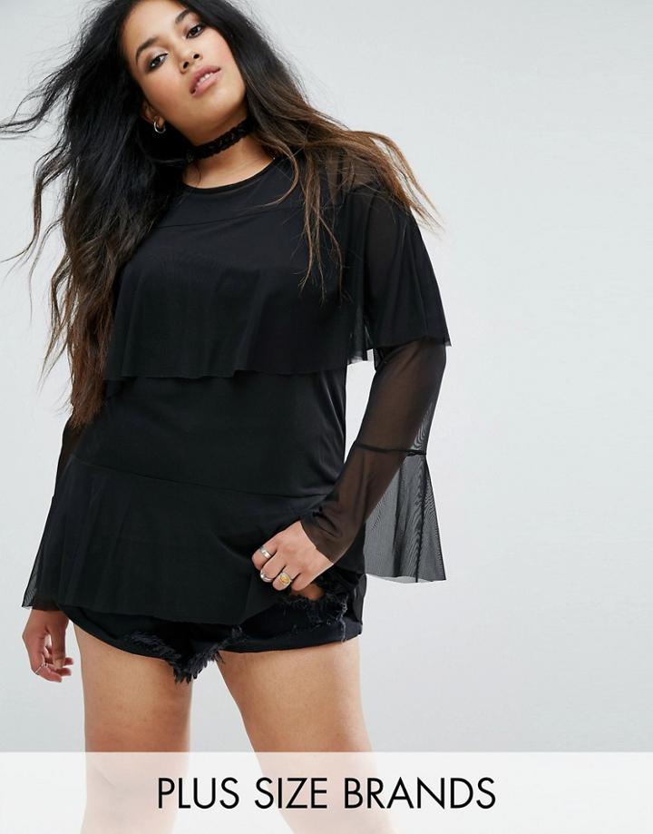 Pink Clove Frilled Mesh Top - Black