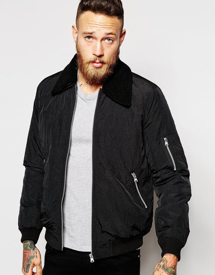 Asos Harrington Jacket With Removable Faux-shearling Collar - Black