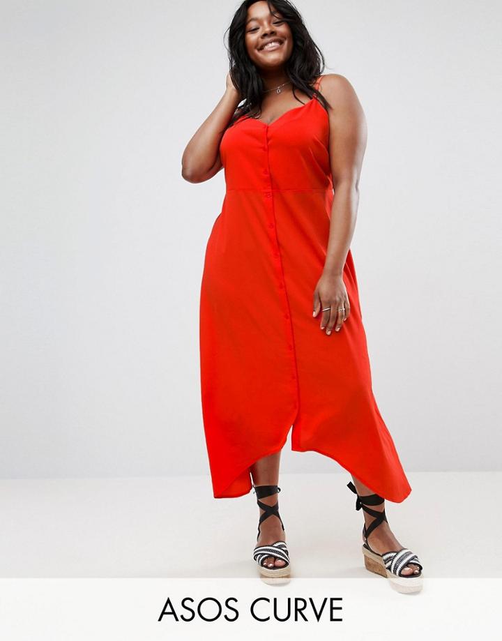 Asos Curve Midi Button Through Sun Dress With Dipped Hem - Red