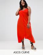 Asos Curve Midi Button Through Sun Dress With Dipped Hem - Red