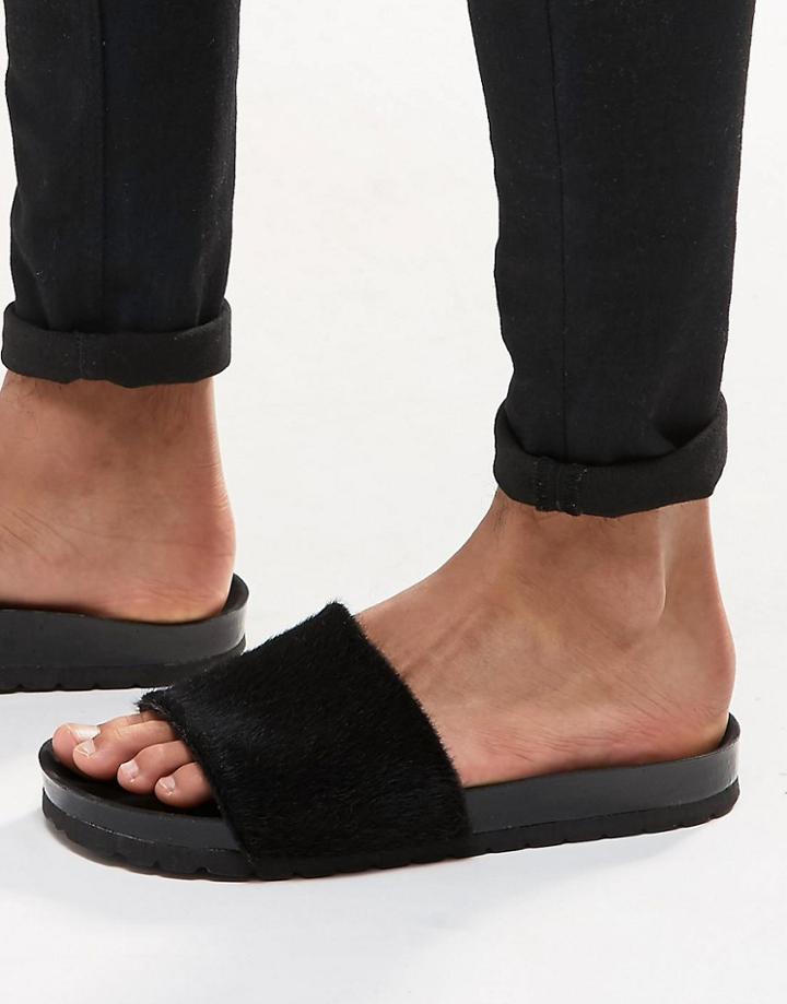 Asos Slider Sandals In Black Pony Effect - Black