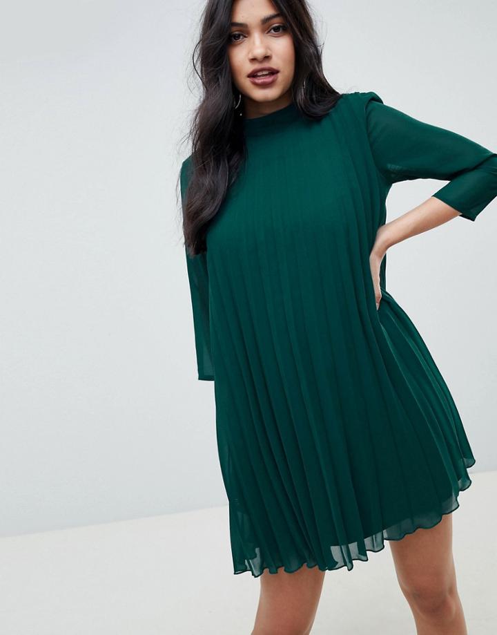 Asos Design Pleated Trapeze Mini Dress-green