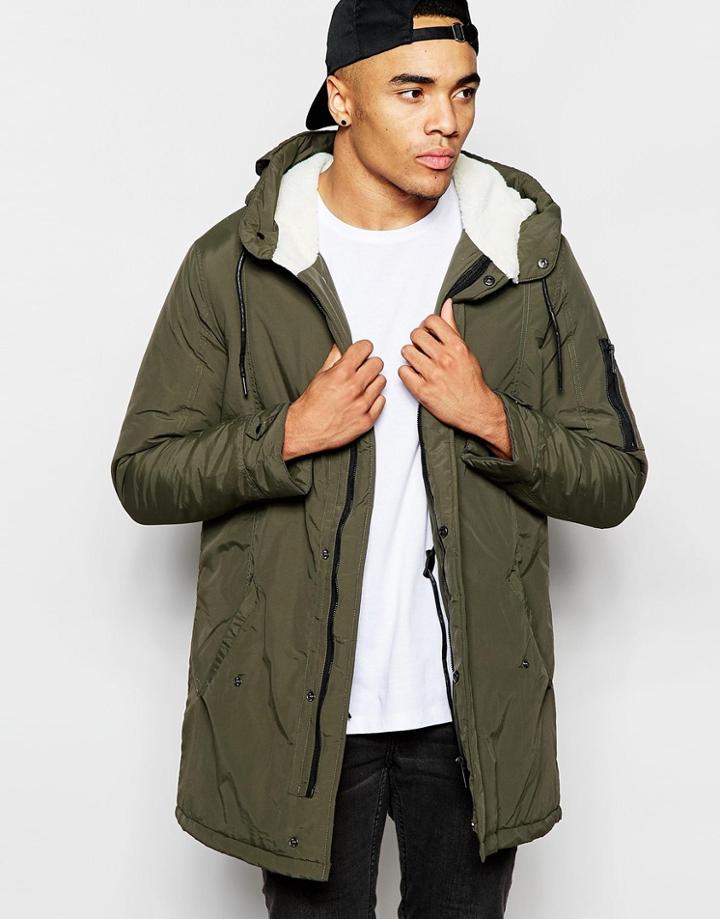 Brave Soul Hooded Sherpa Lined Parka - Green