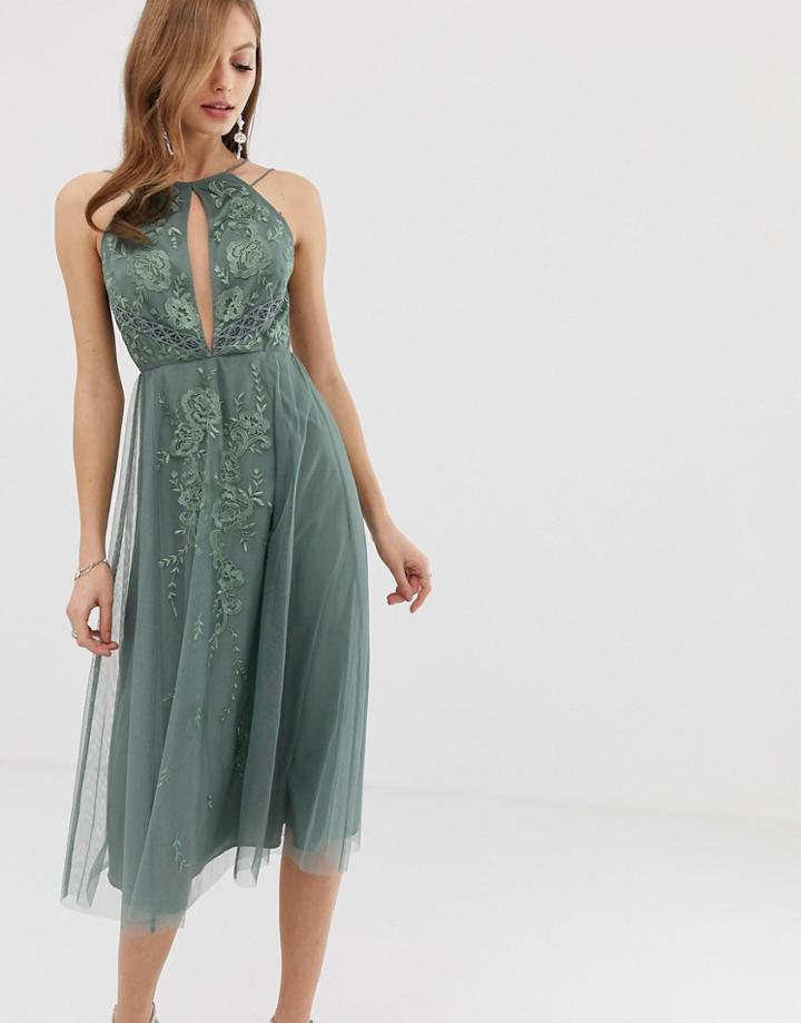 Asos Design Double Strap Midi Dress With Lace Inserts And Floral Embroidery-multi