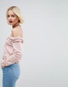 Asos Sweater With Ruffle Off Shoulder - Pink