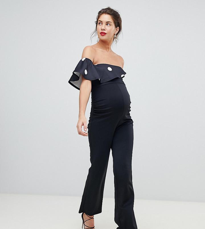 True Violet Maternity Polka Dot Ruffle One Sleeve Jumpsuit - Multi
