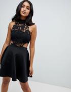 Asos Design High Neck Lace Skater Mini Dress-black