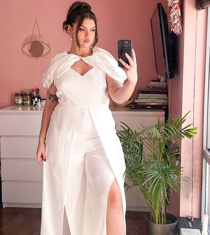 Yaura Plus Wide Leg Jumpsuit With Off-the-shoulder Drape In Ivory-white