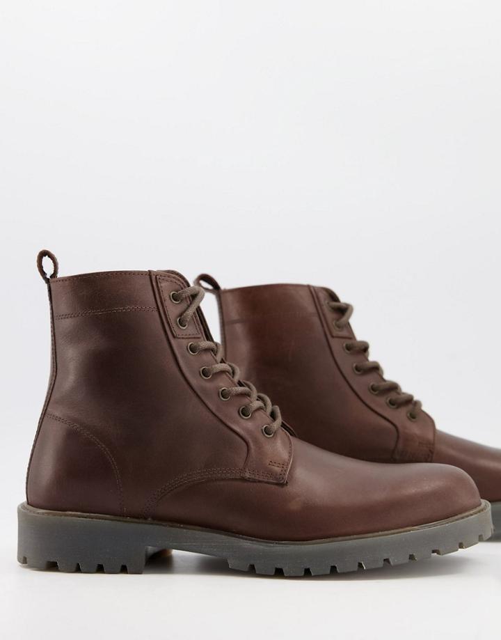 Asos Design Lace Up Boots In Brown Leather With Chunky Sole