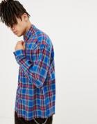 Asos Design Oversized Boxy Check Shirt In Blue With Poppers - Blue